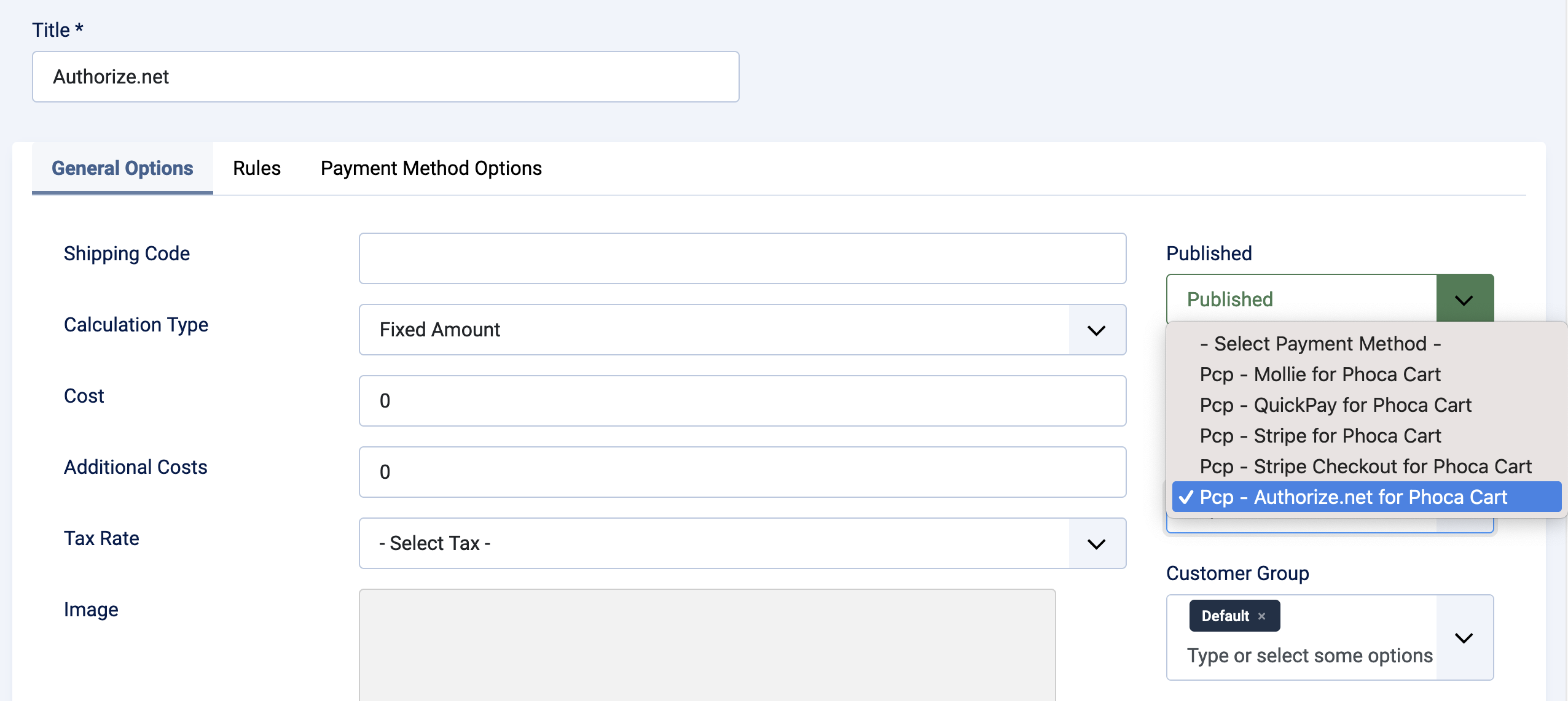 Authorize.Net payment method in Phoca Cart - General Options